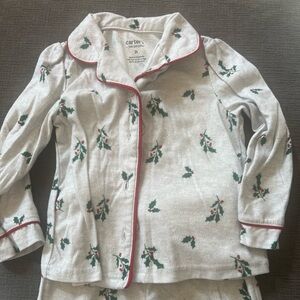 Kids Holiday Pajama Set - White with Green Holly Print